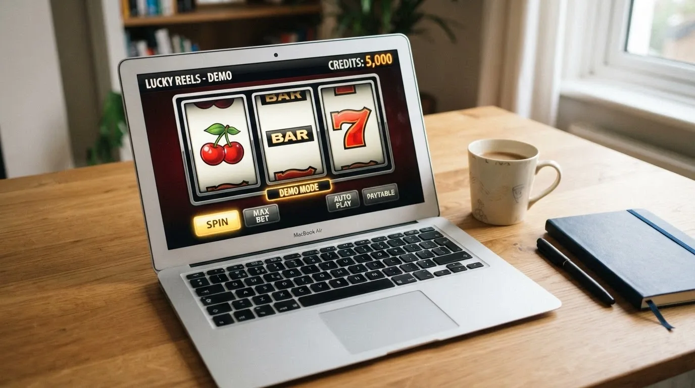 A browser window showing a 3-reel pokie in demo mode with a virtual-credit balance displayed in the corner