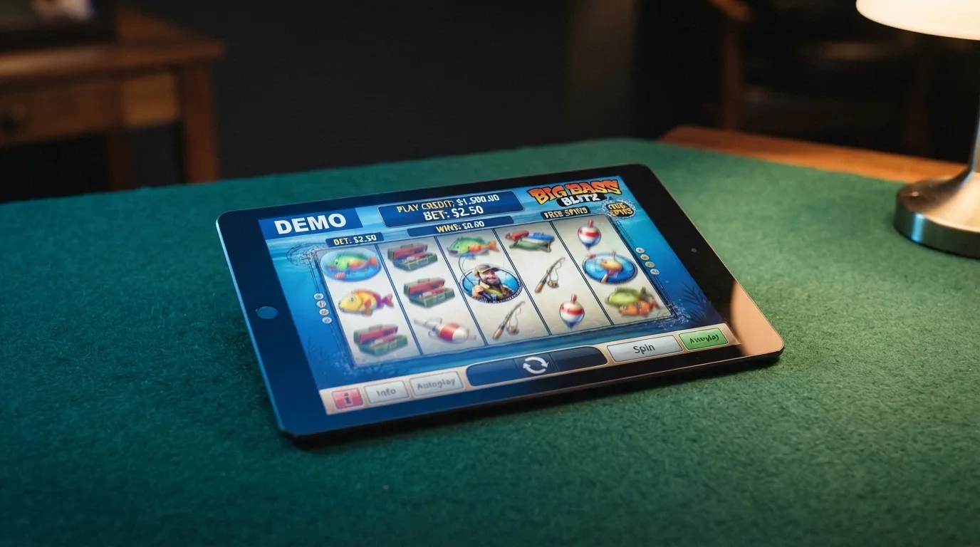 An iPad screen displaying a colourful pokie in demo mode with a large play-credit balance and the word DEMO visible in the corner
