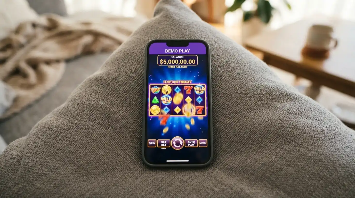 An iPhone displaying a pokies game in demo mode, the play-money balance clearly labelled, the game interface identical to the real-money version
