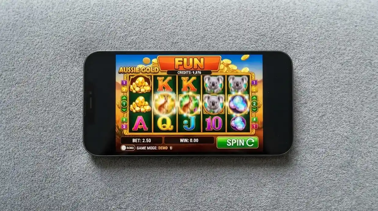 A smartphone showing a pokies game in demo mode with a “FUN” or “DEMO” balance counter instead of real AUD, with a clearly visible toggle switch between Demo and Real Money mode