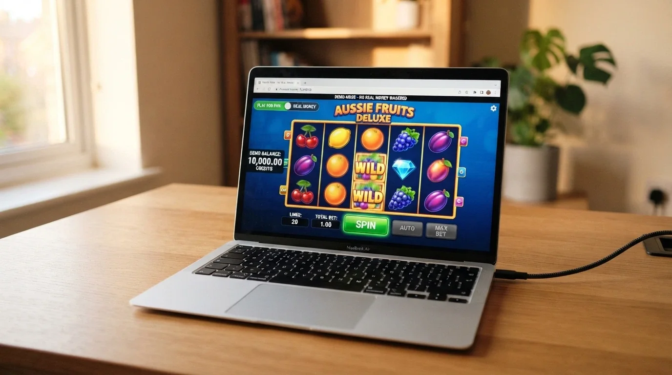 A laptop browser showing a pokies game in demo mode with a “Play for Fun” toggle and a practice balance of 10,000 credits, no deposit button visible
