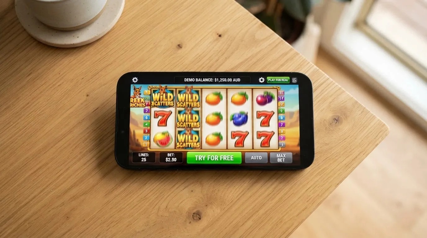 A slot game in demo mode showing a play-money balance and a “Try for Free” button