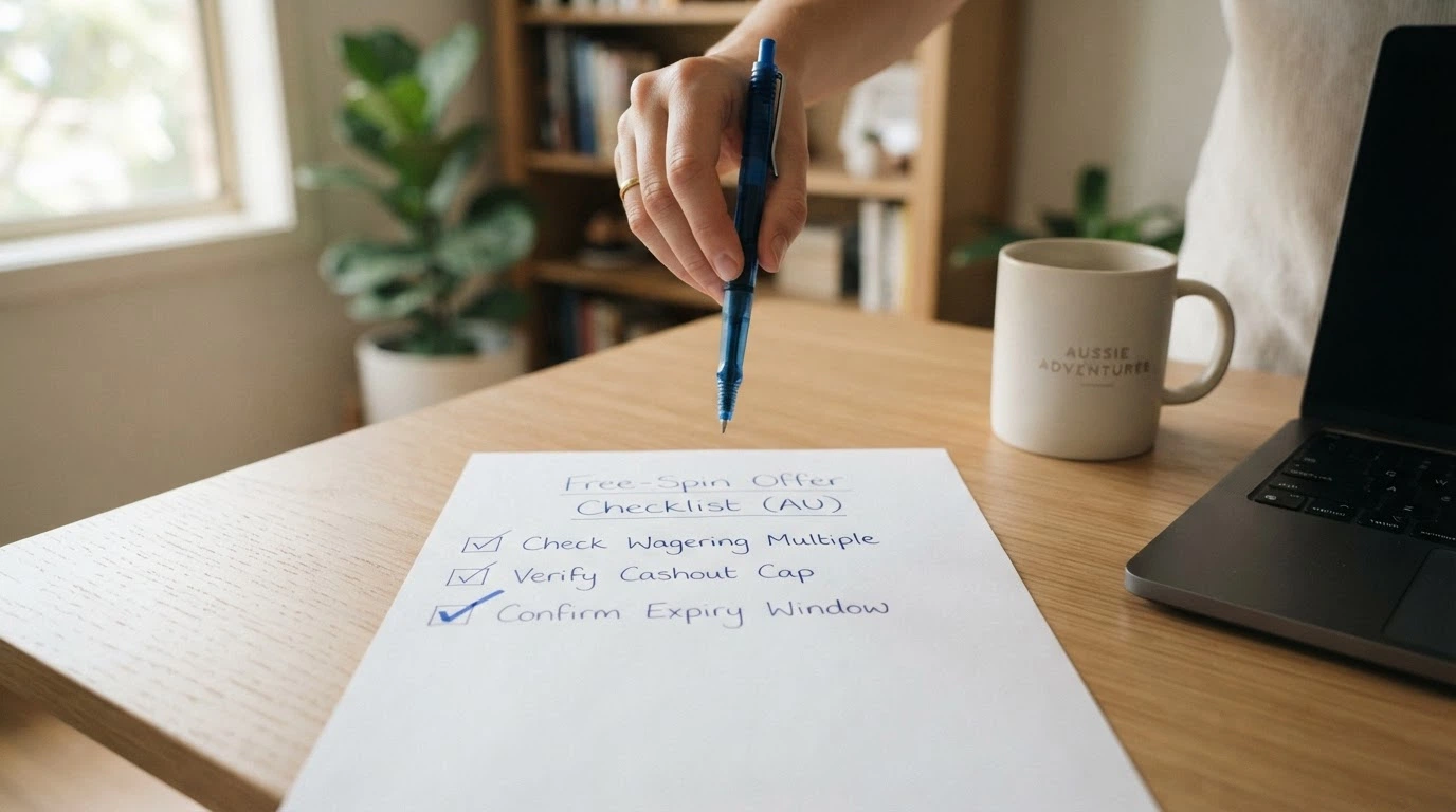 Handwritten checklist on paper: wagering multiple, cashout cap, expiry window — the three terms to check before claiming