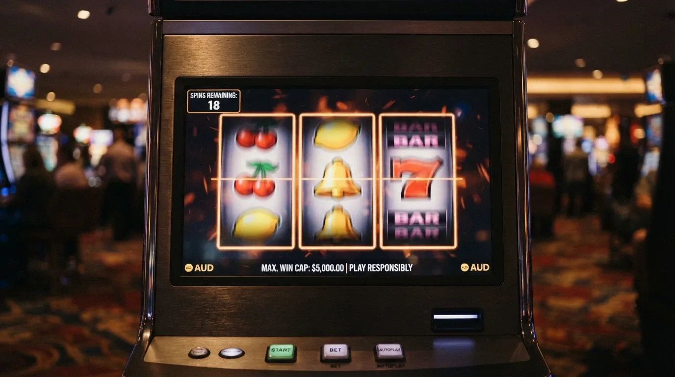 A row of online pokies reels with a free-spins counter overlay showing remaining spins and a win cap notice