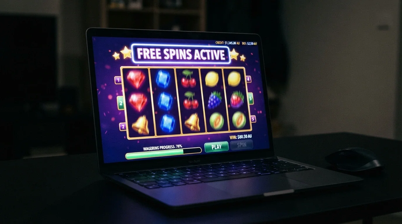 A set of five illuminated online pokie reels mid-spin with a 'Free Spins Active' overlay and a small wagering-progress bar at the bottom