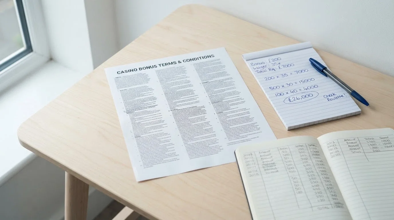 A close-up of bonus terms and conditions printed in small text beside a calculator and a notepad with wagering calculations written on it