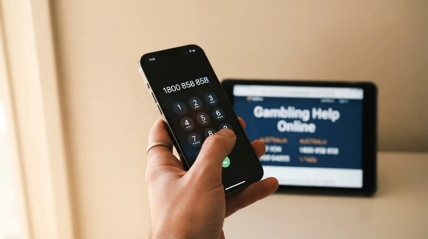A close-up of a phone keypad with 1800 858 858 partially dialled, the Gambling Help Online logo visible on a screen behind it