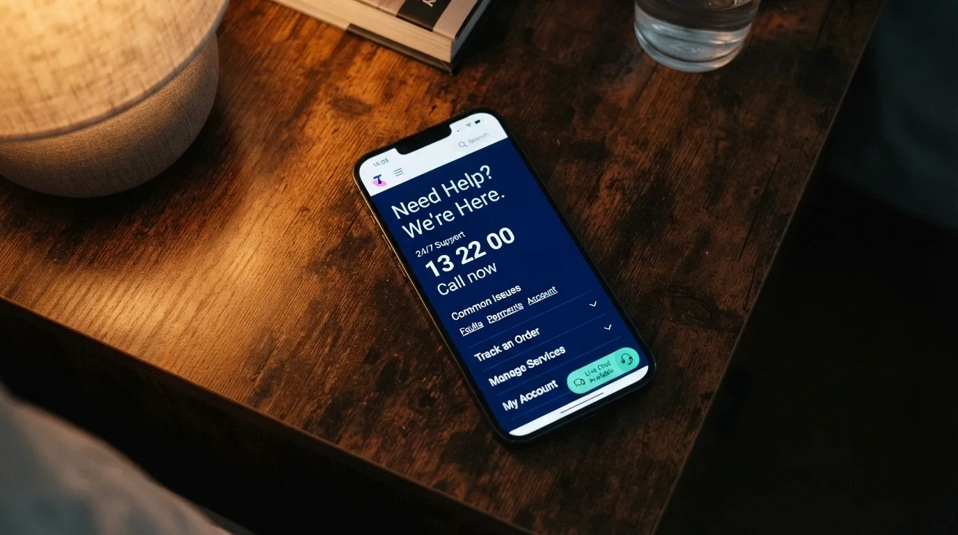 A phone screen showing the Gambling Help Online homepage with the 1800 858 858 number prominent against a dark background, and a chat-bubble icon indicating 24/7 availability.