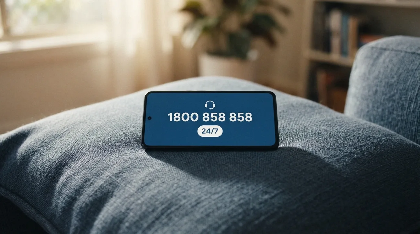 A smartphone screen showing the Gambling Helpline number 1800 858 858 with a 24/7 badge and a headset icon