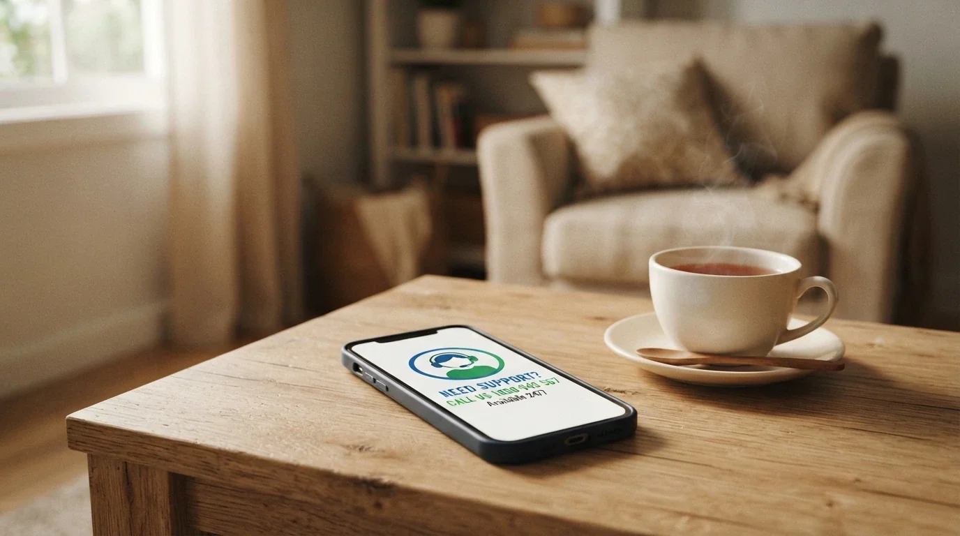A phone screen showing the National Gambling Helpline number 1800 858 858 with the Gambling Help Online logo, resting on a desk beside a cup of tea