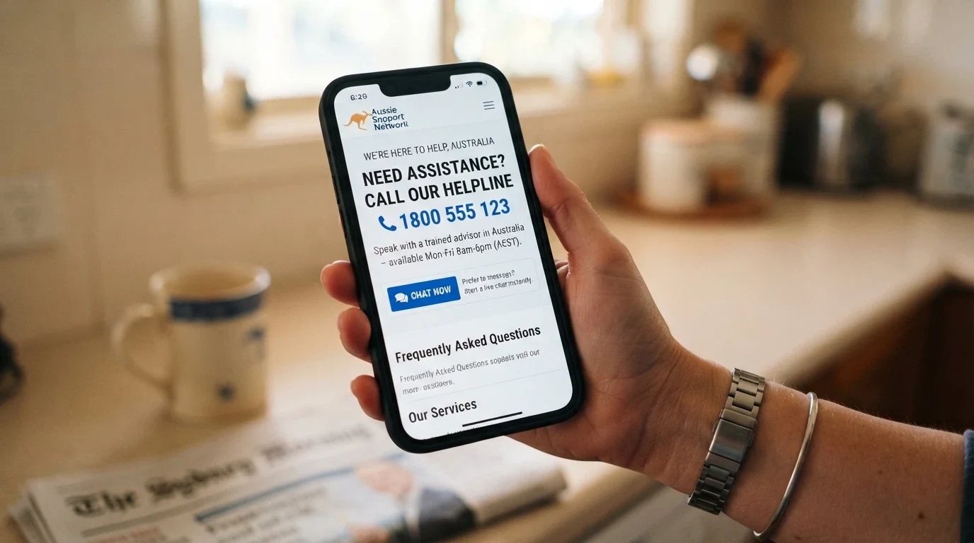 A smartphone displaying the Gambling Help Online homepage with the 1800 858 858 helpline number prominently shown and a chat-support button visible