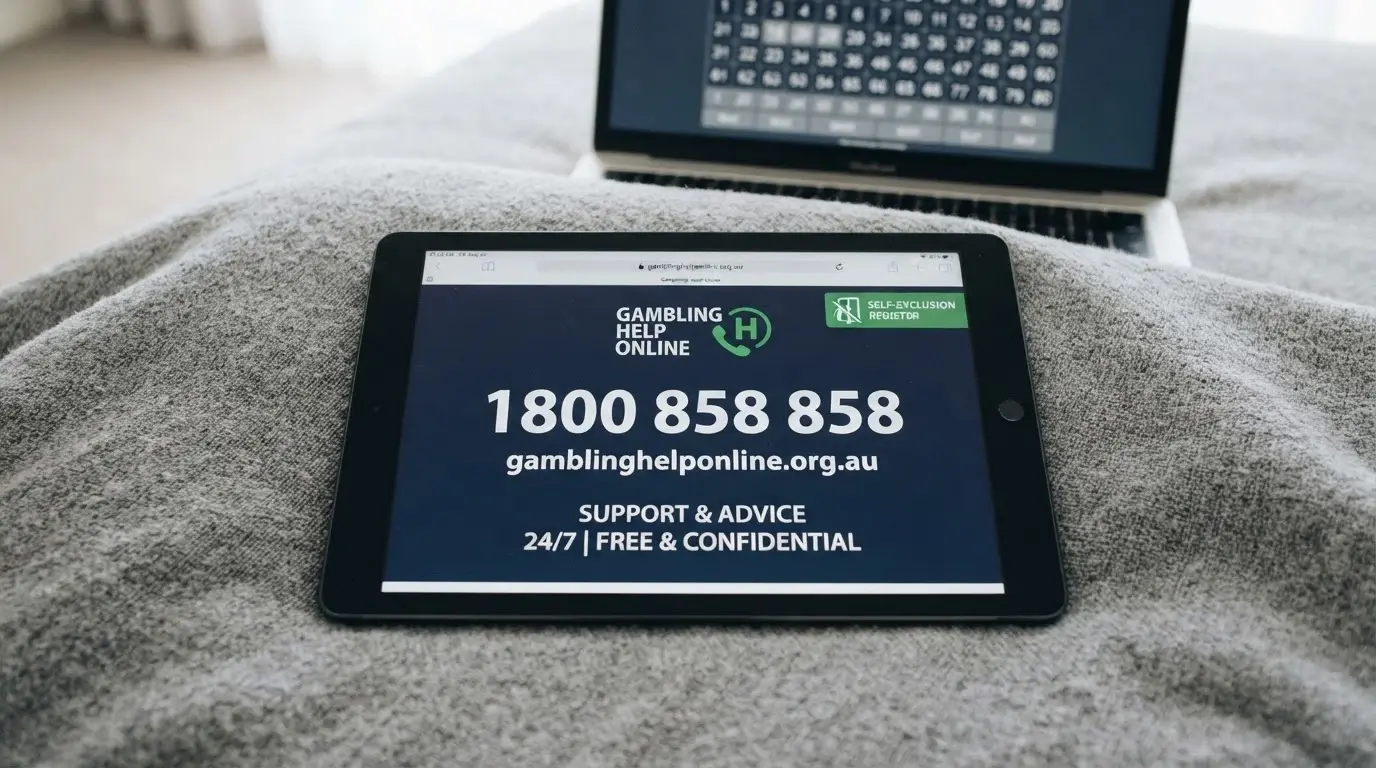 A clean screen showing the 1800 858 858 number, the Gambling Help Online URL and the BetStop logo, with a muted keno board in the background