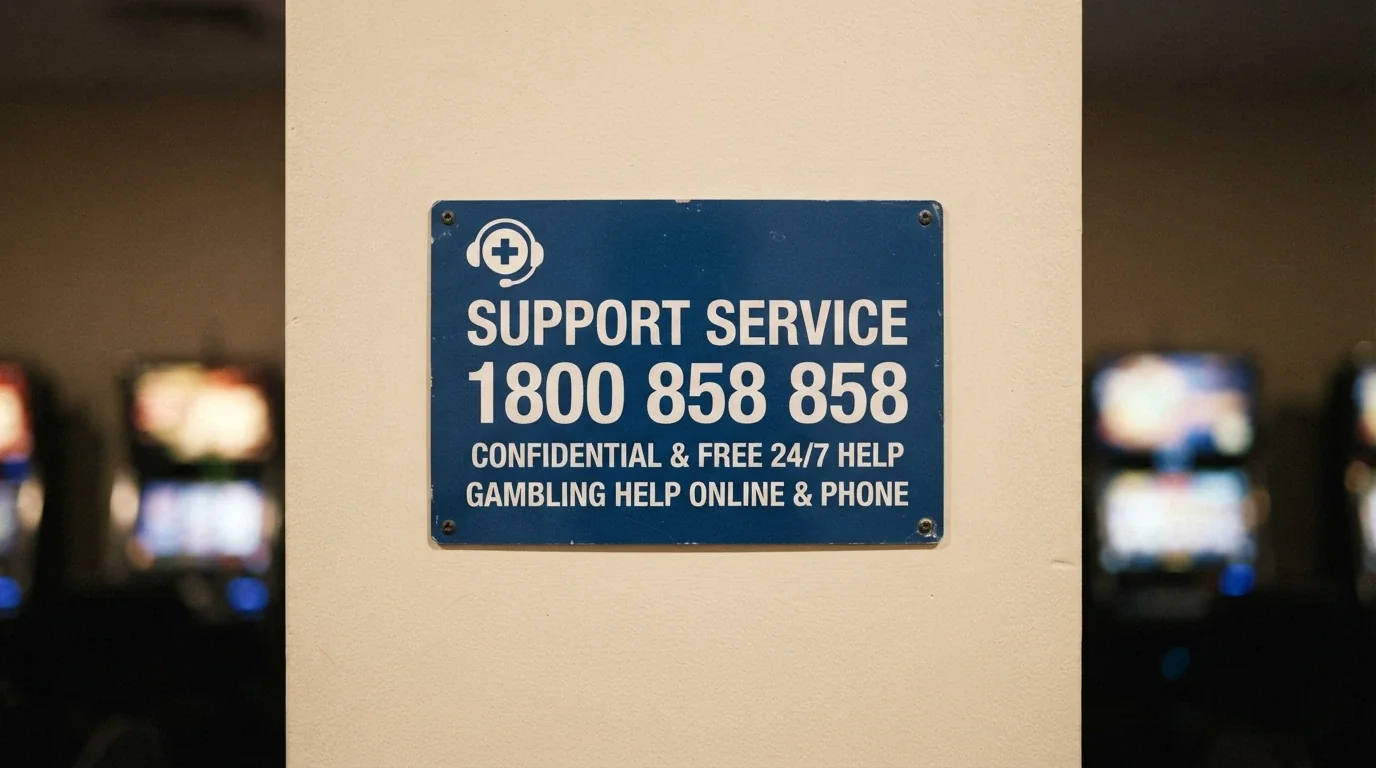 A close-up of a support-service sign with the 1800 858 858 number clearly visible, framed against a neutral background with subtle pokie imagery fading out of focus