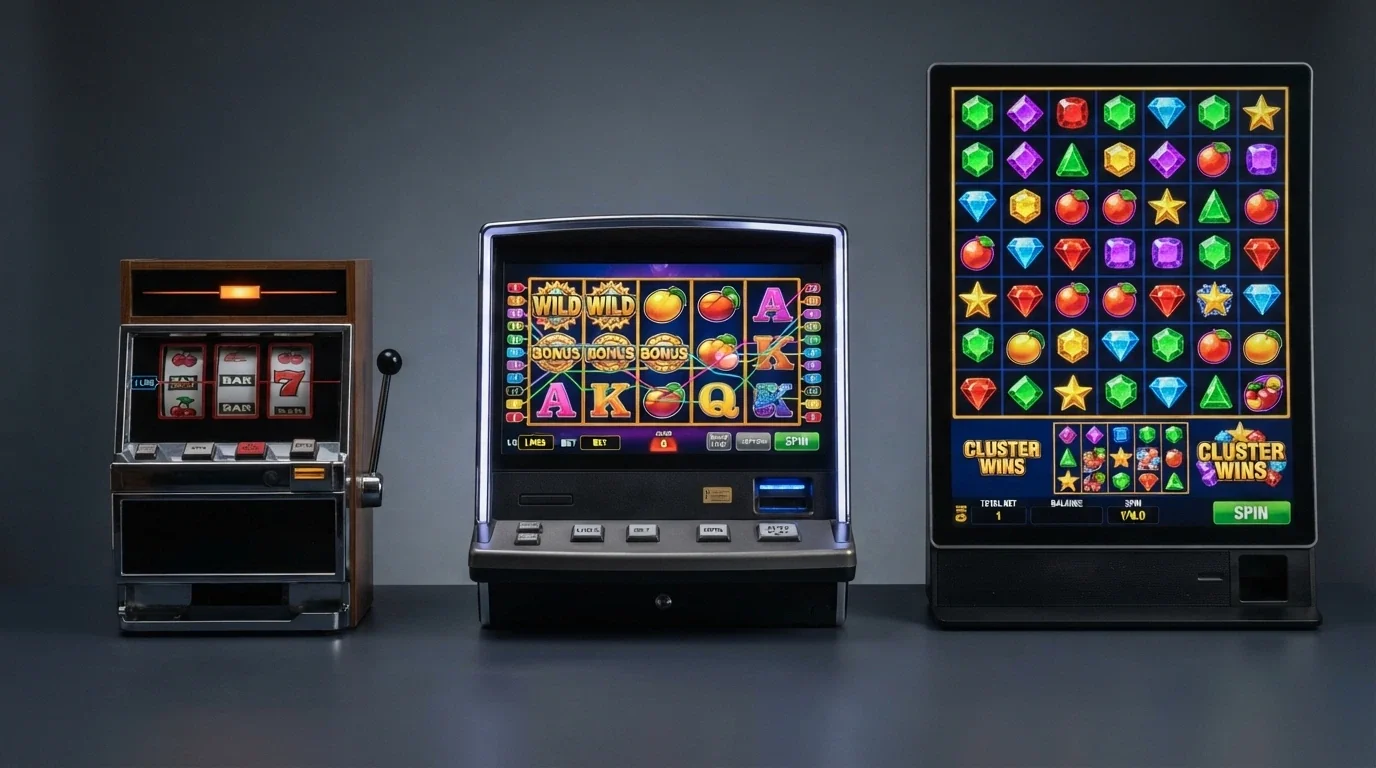 A side-by-side comparison showing a 3-reel classic slot, a 5-reel video pokie and a 7-reel grid slot