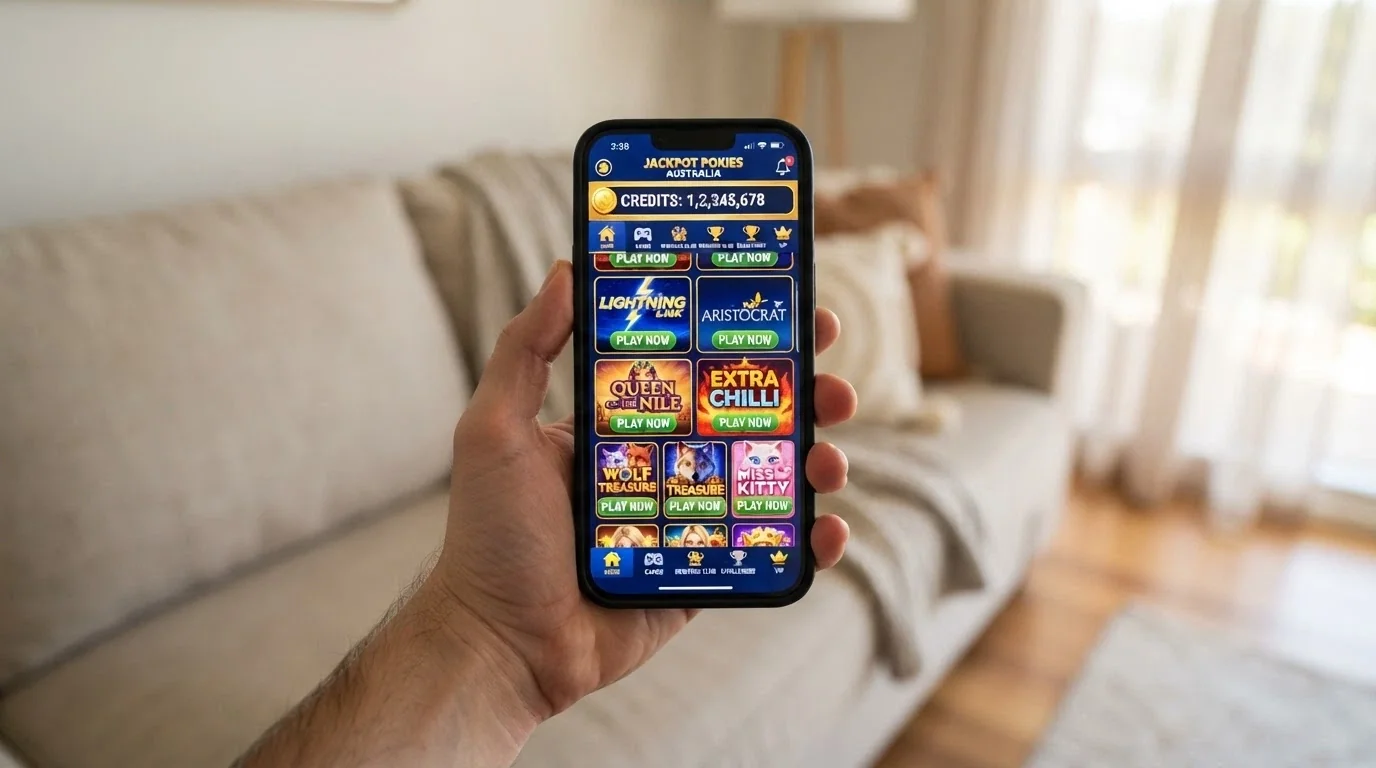 A hand holding a phone displaying the Heart of Vegas social casino app home screen with a virtual coin balance in the millions