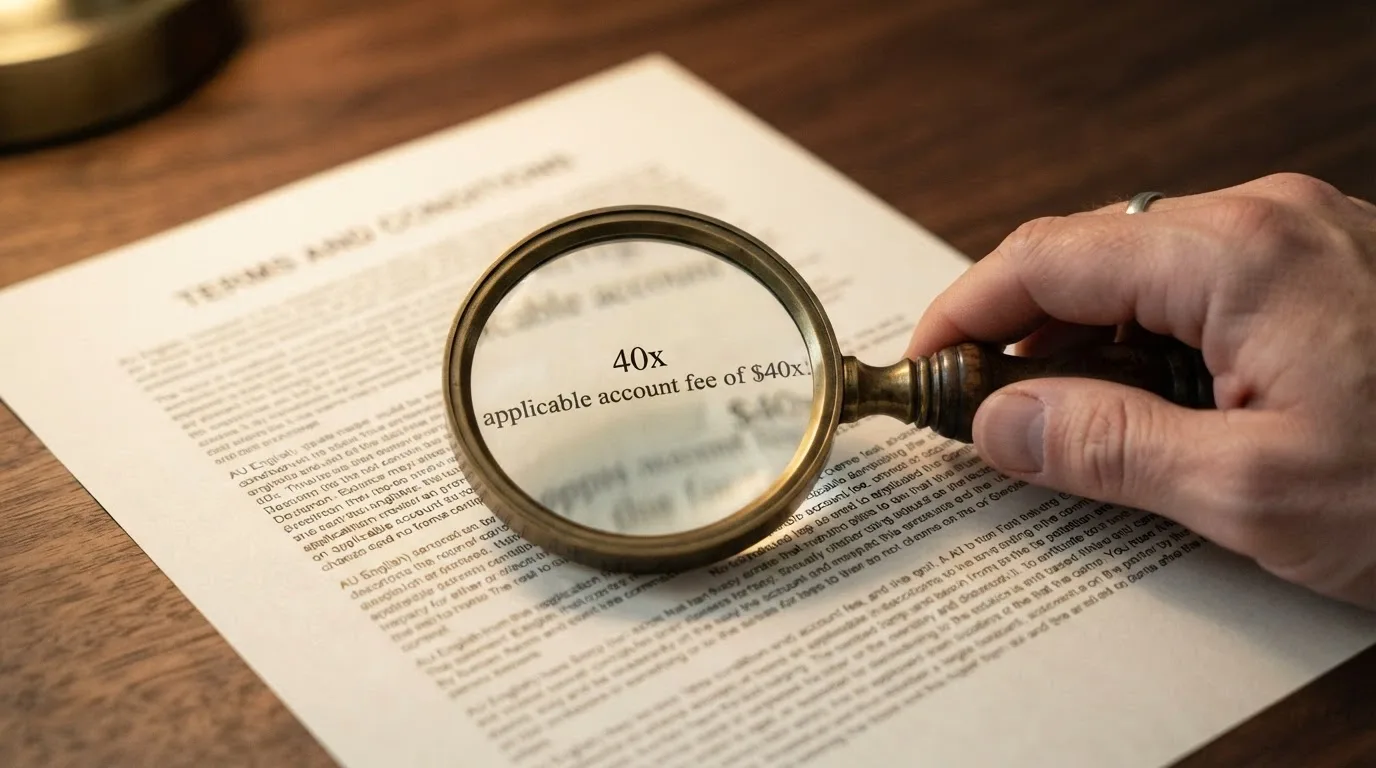 A magnifying glass held over casino bonus terms and conditions, highlighting the wagering requirement clause in fine print
