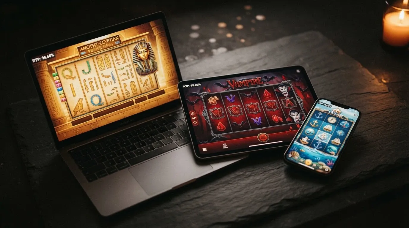 A selection of high-RTP 5-reel pokie title screens arranged by their return-to-player percentage, including Book of Dead, Blood Suckers and 1429 Uncharted Seas
