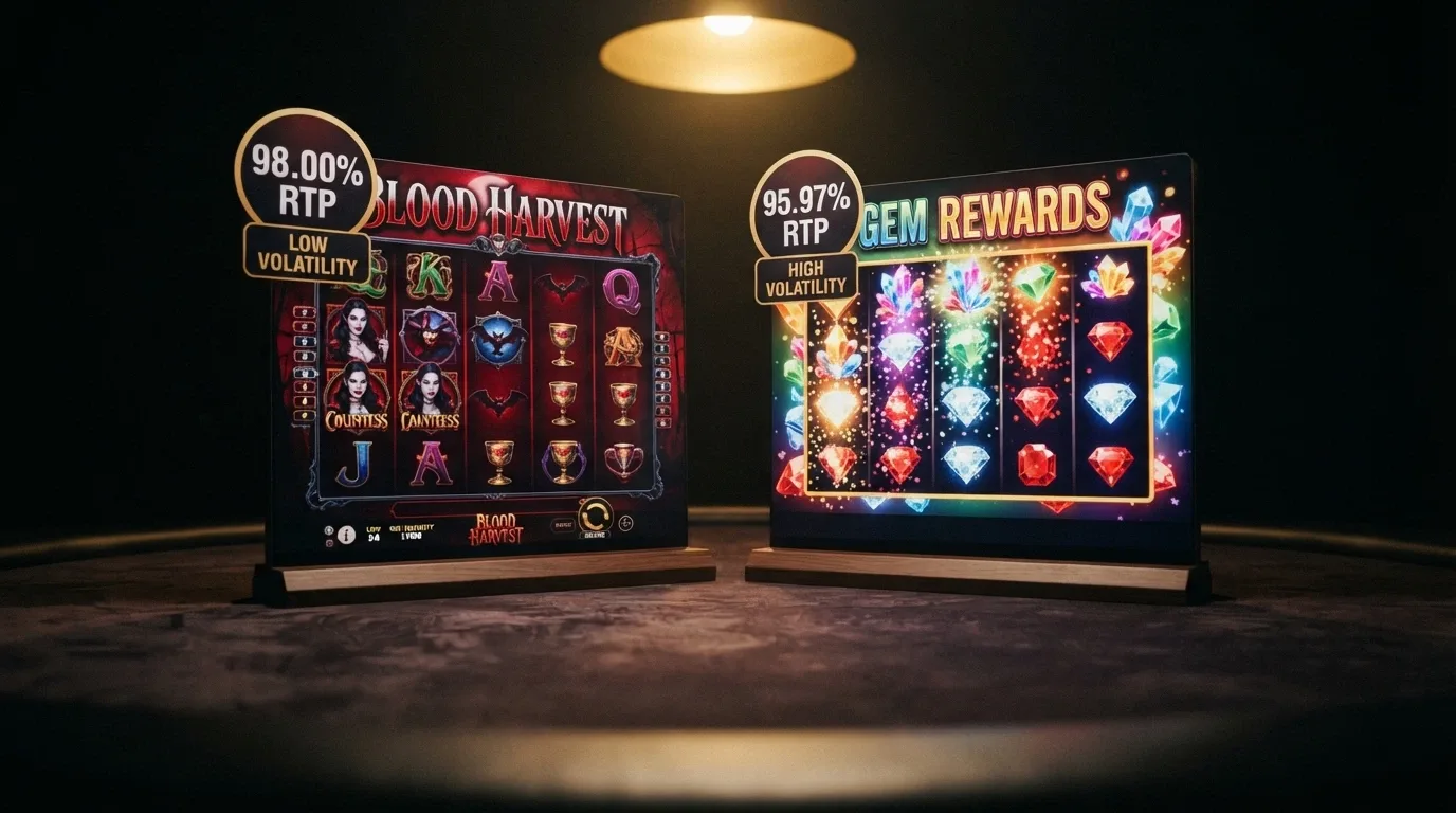 Two pokie-title cards side by side — Blood Suckers (98.00% RTP, low volatility) versus Bonanza Billion (95.97% RTP, sky-high volatility) — with RTP callouts