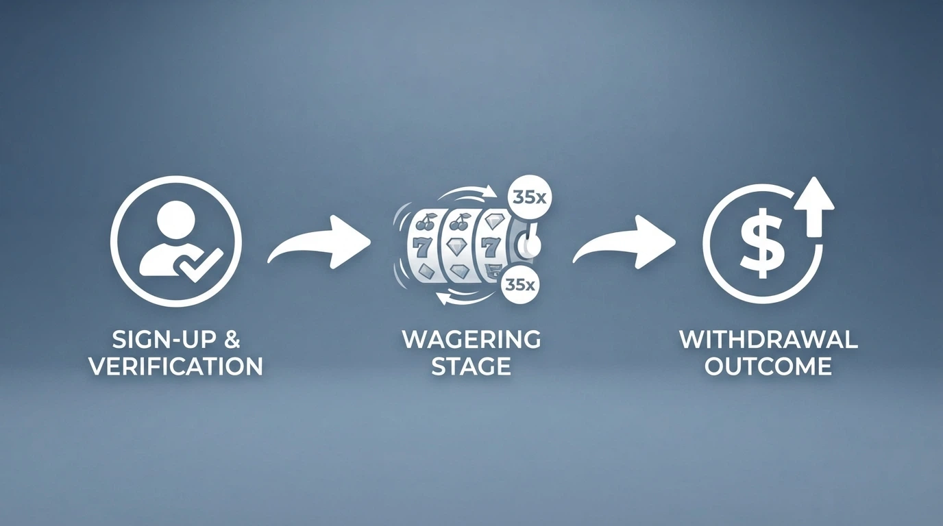 Diagram showing the flow of a no-deposit free spin offer from sign-up through wagering to withdrawal