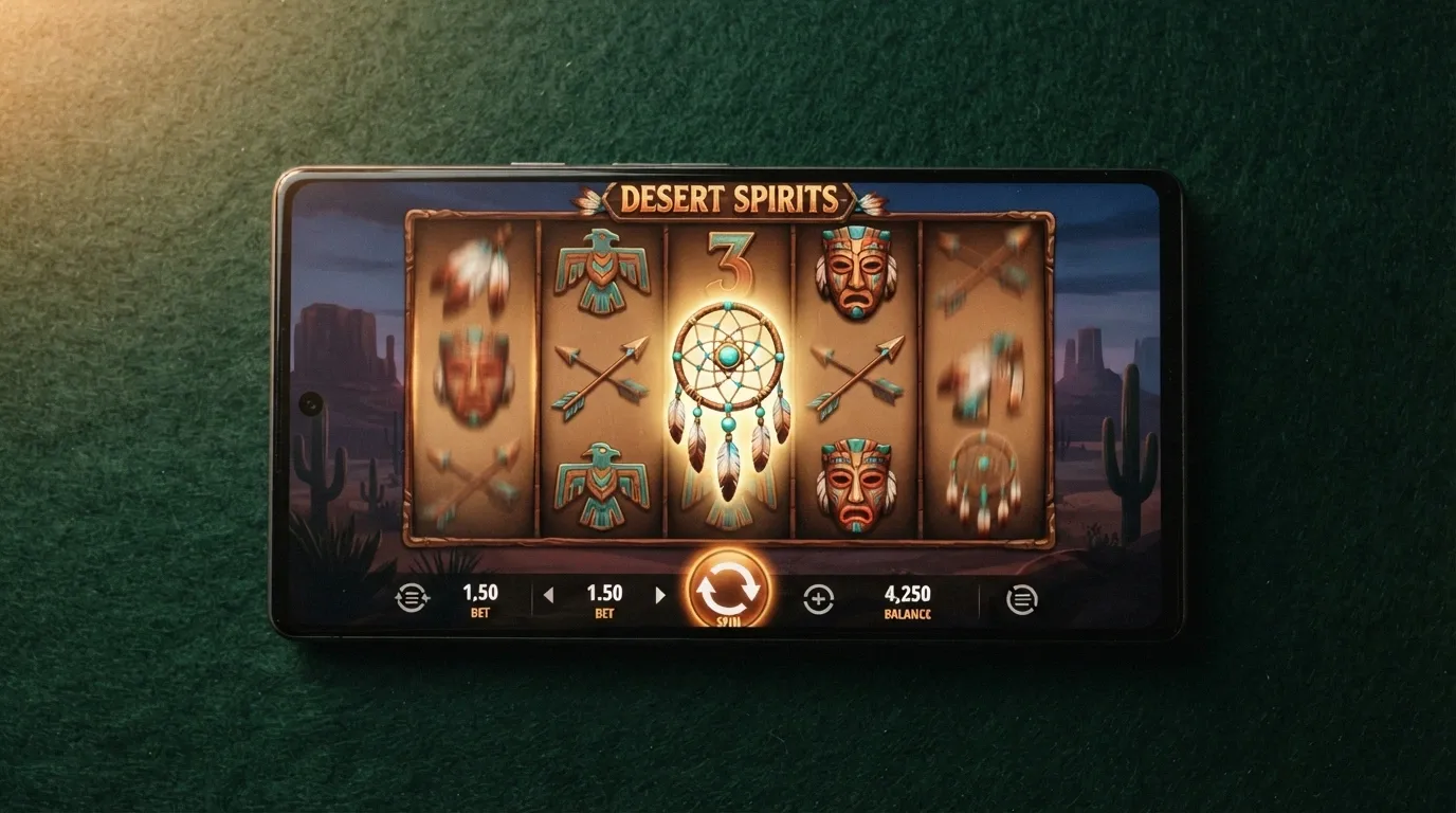 Indian Dreaming slot game running on an Android phone screen showing the 5-reel layout with dream catcher scatter symbols and Aboriginal-art-inspired icons