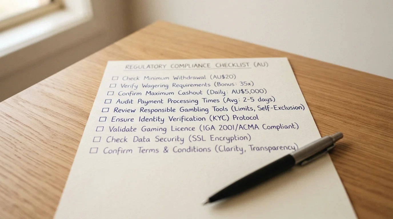 A handwritten checklist on notepaper with items including minimum withdrawal, wagering multiplier, cashout cap and licence status, beside a pen