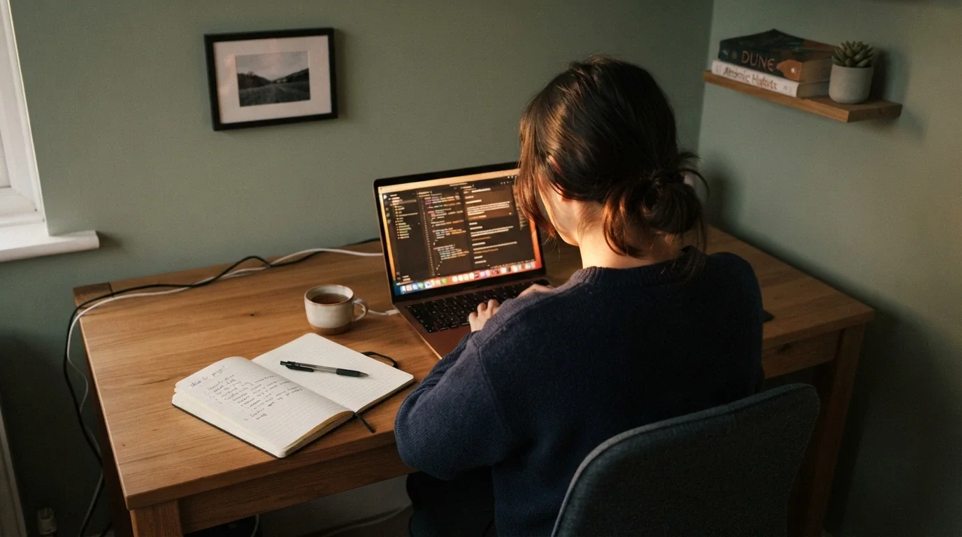 A person sitting at a desk with a laptop open to a pokies information page, a notepad and pen, looking thoughtfully at the screen