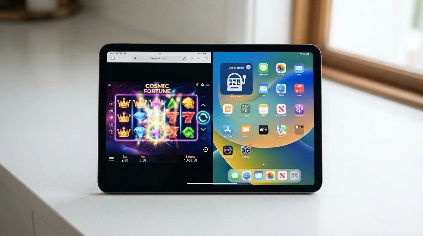 Side-by-side comparison on an iPad screen: Safari browser on the left showing a live pokie, and the iOS Home Screen with a casino PWA shortcut icon on the right