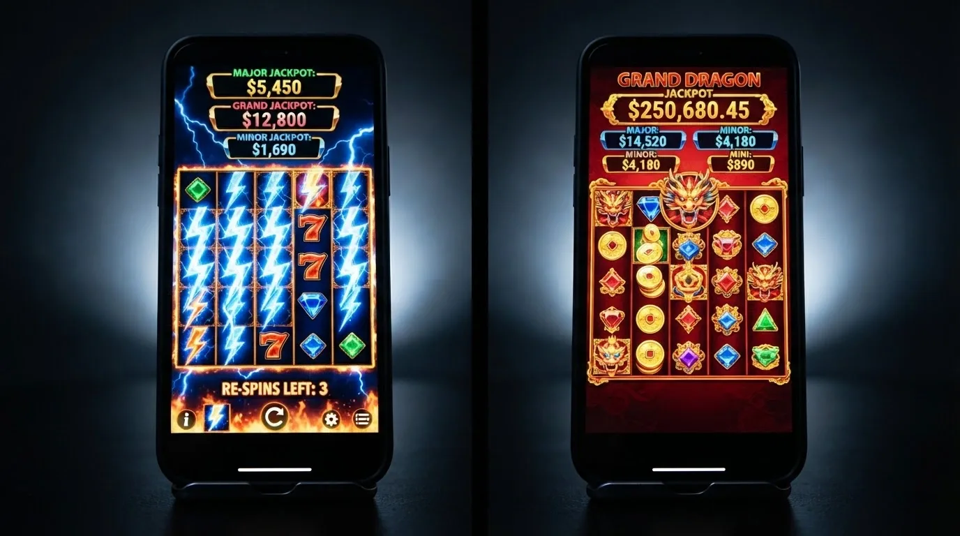 A split-screen showing the Lightning Link Hold & Spin bonus round on the left (lightning bolts hitting the reels, jackpot values displayed) and Dragon Link on the right (dragon-themed symbols landing, Grand jackpot counter visible), both in portrait mobile orientation