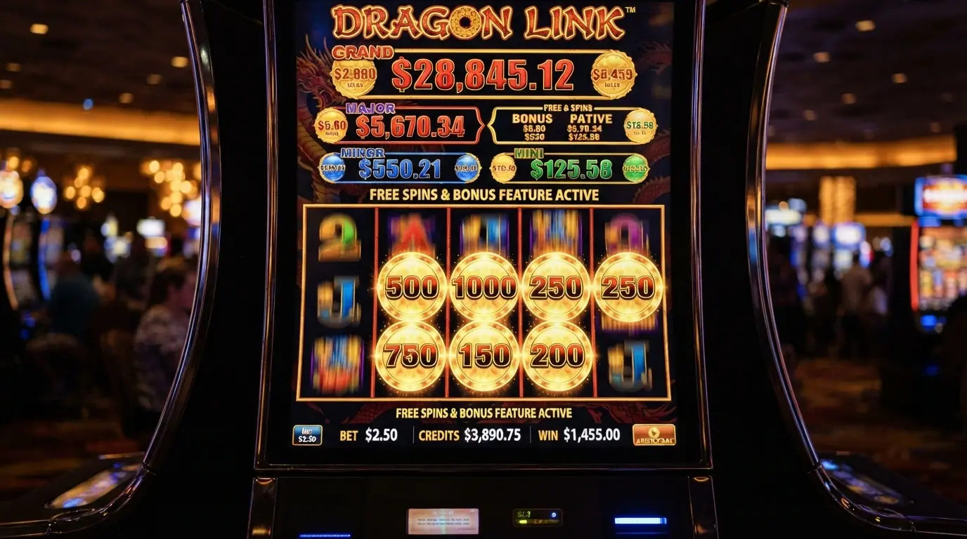 A Lightning Link pokie screen with the Hold & Spin feature active, showing coin symbols locked in place on the grid and the Grand jackpot meter above
