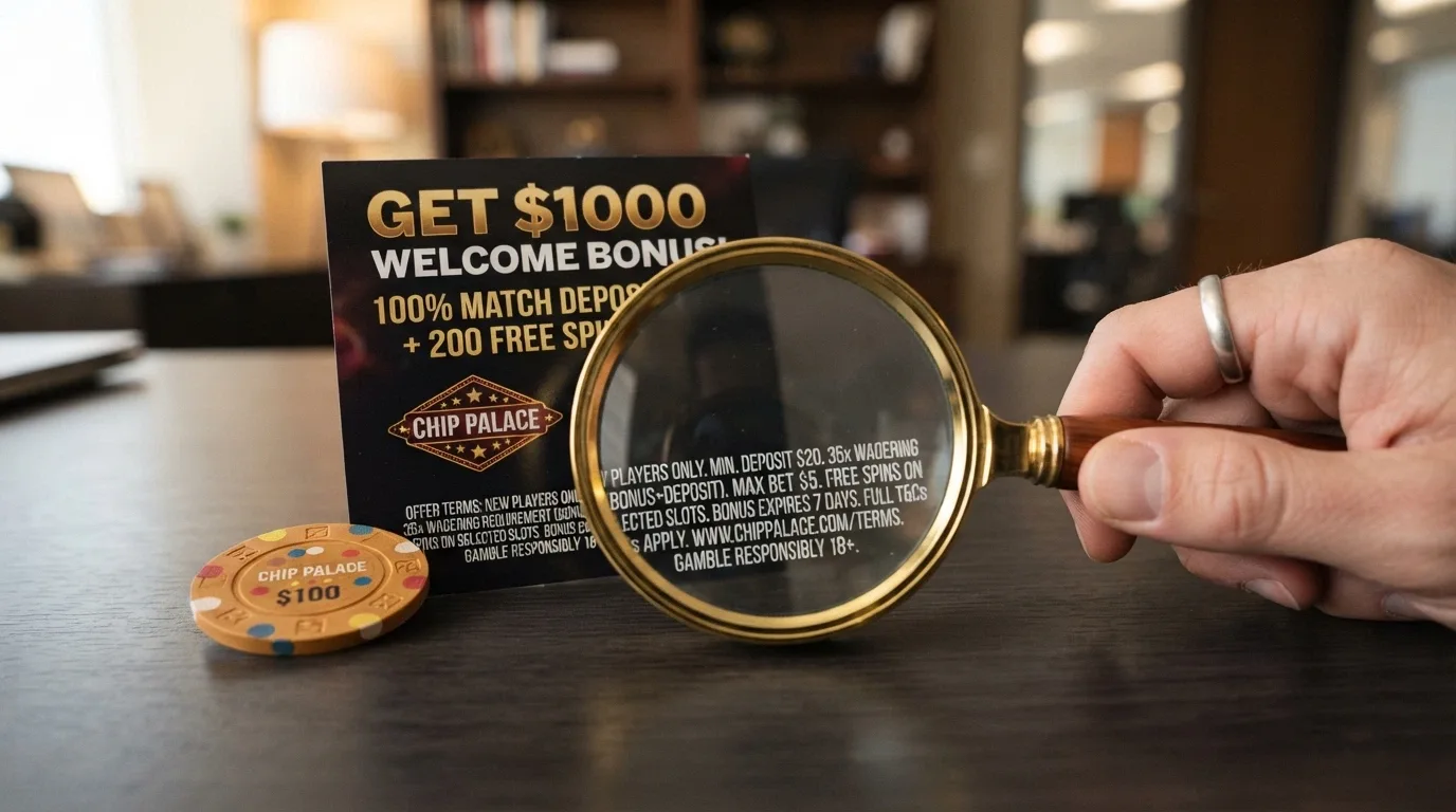 A casino welcome-bonus banner partially obscured by a magnifying glass revealing fine-print text underneath, with a Litecoin coin beside it