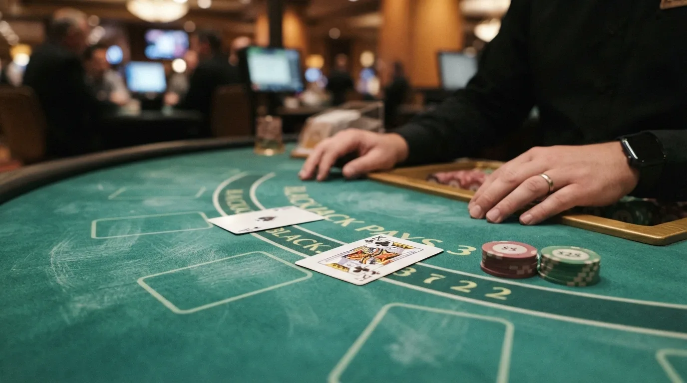 Close-up of a live blackjack table with cards being dealt, the dealer's hands and the felt in sharp focus