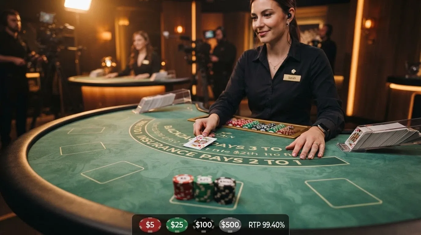 A live-dealer blackjack table with a digital betting interface showing chip values and an RTP label of 99.40%