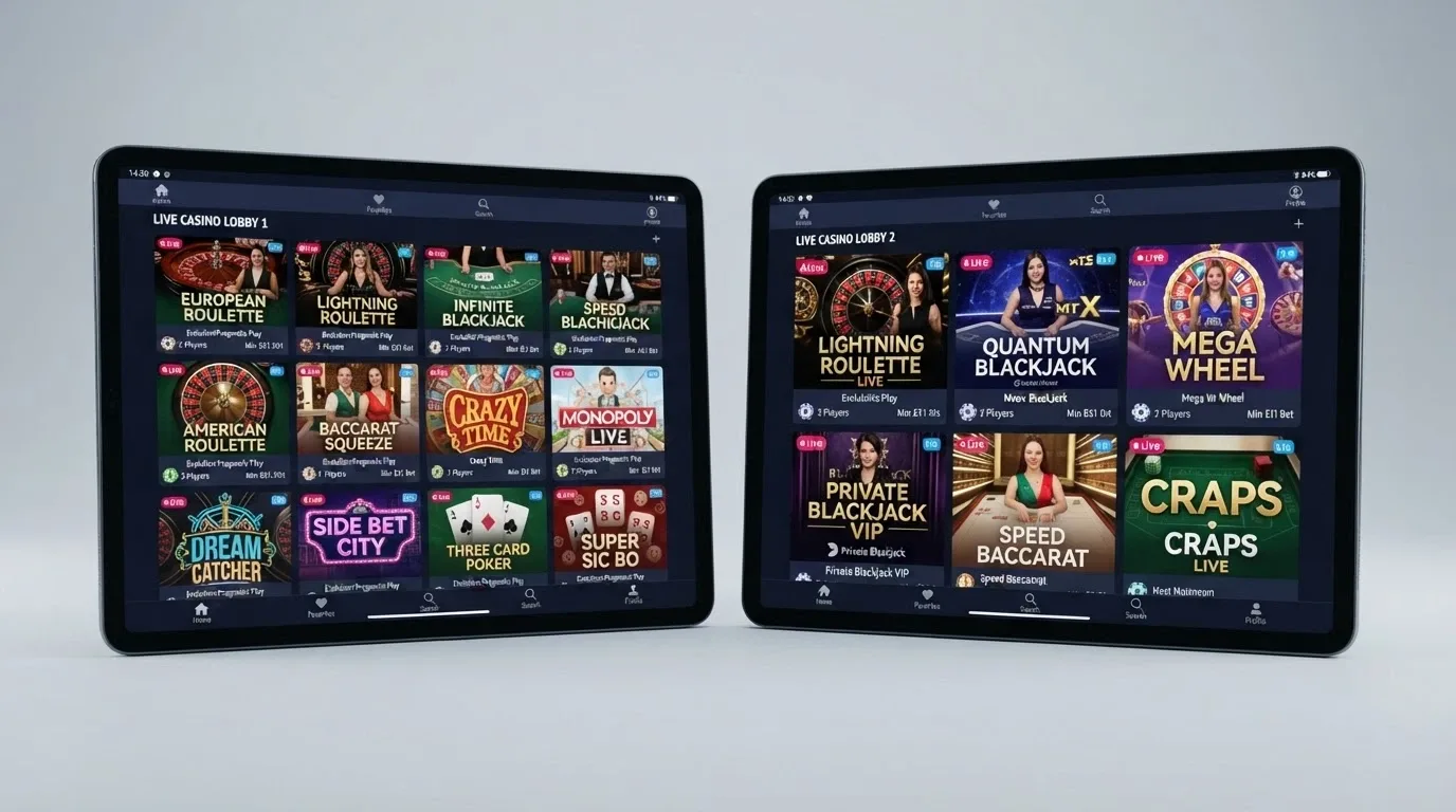 A split view of two different live casino lobbies showing the game-tile layouts, provider logos and table thumbnails side by side