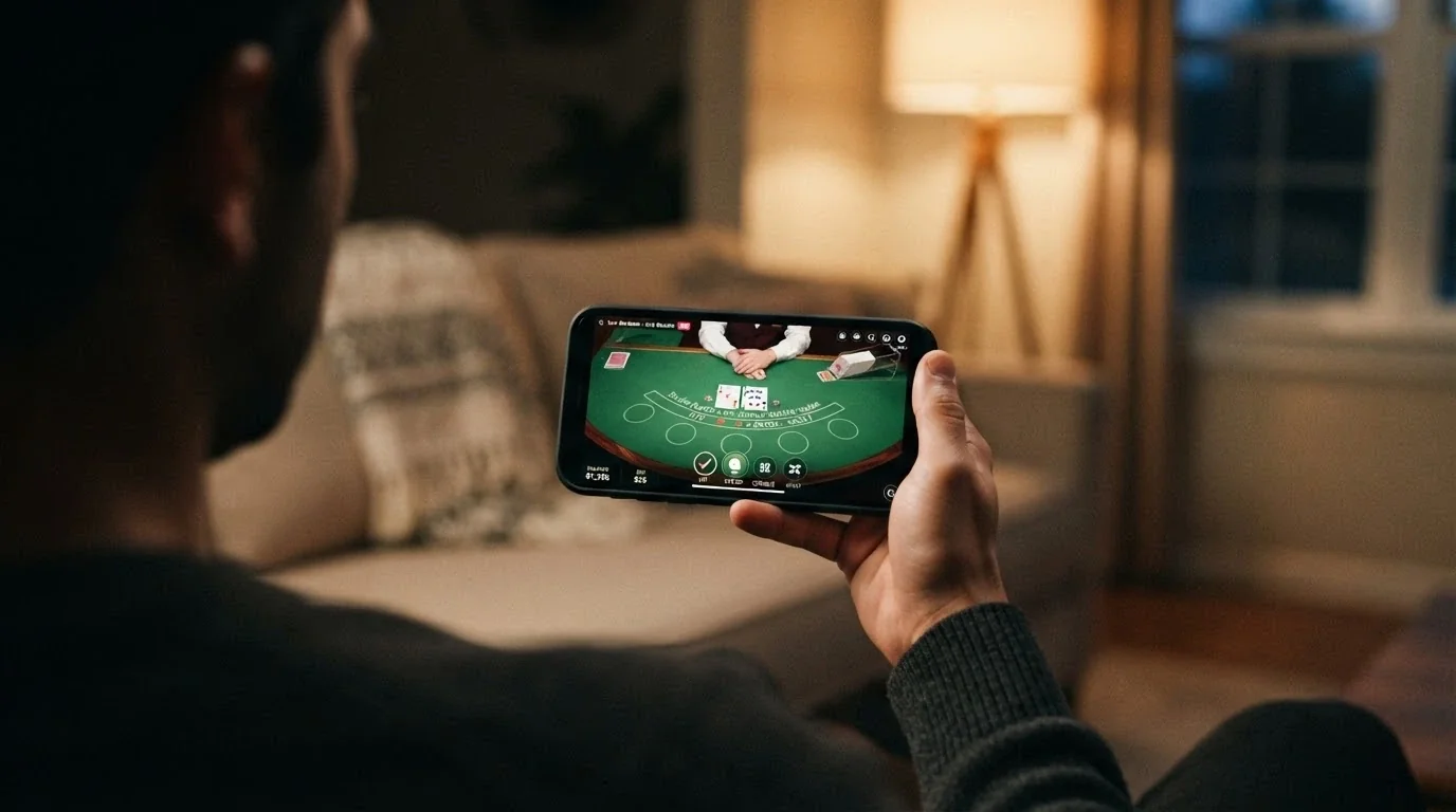 A smartphone held in landscape orientation showing a live blackjack table with a real dealer on screen