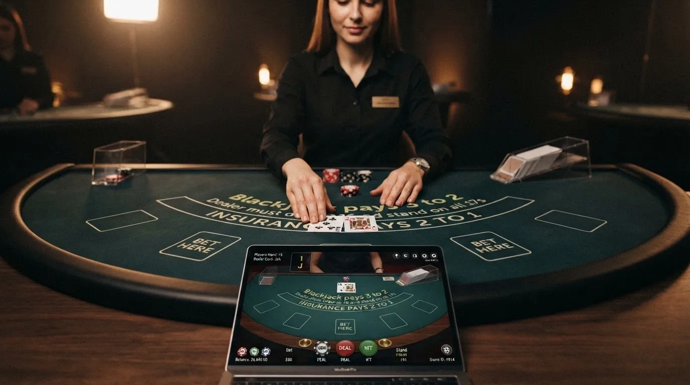 A live dealer blackjack table with a real dealer visible and a digital betting interface showing a BCH balance