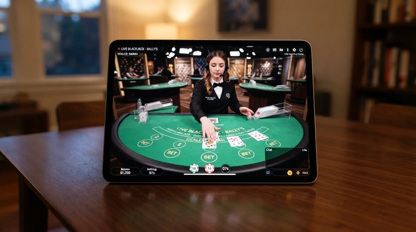 A live dealer blackjack table streamed to an iPad in landscape orientation, with the dealer mid-deal and bet positions visible on the tablet screen