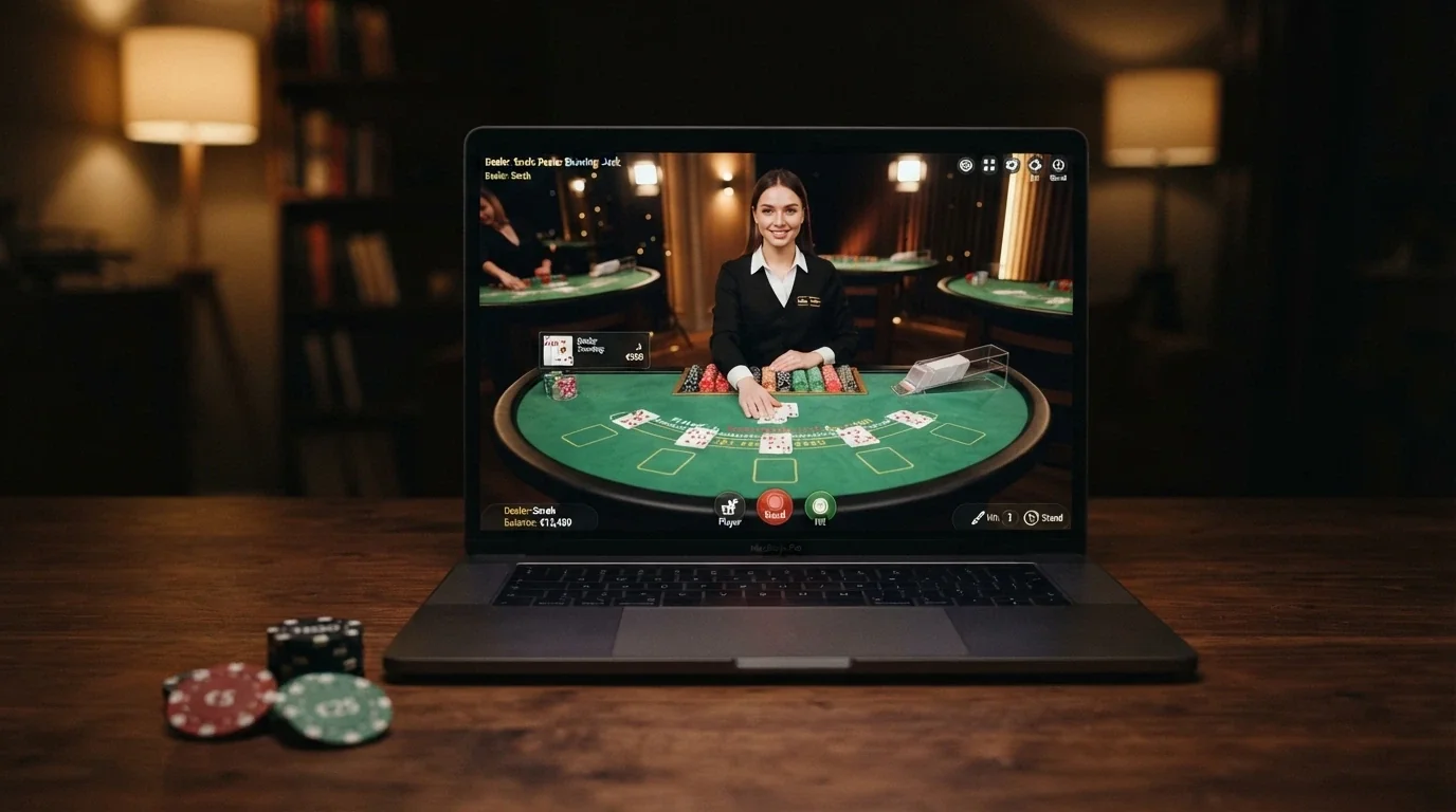 A live dealer blackjack table with high-denomination chips stacked in front of a player position and a dealer dealing cards
