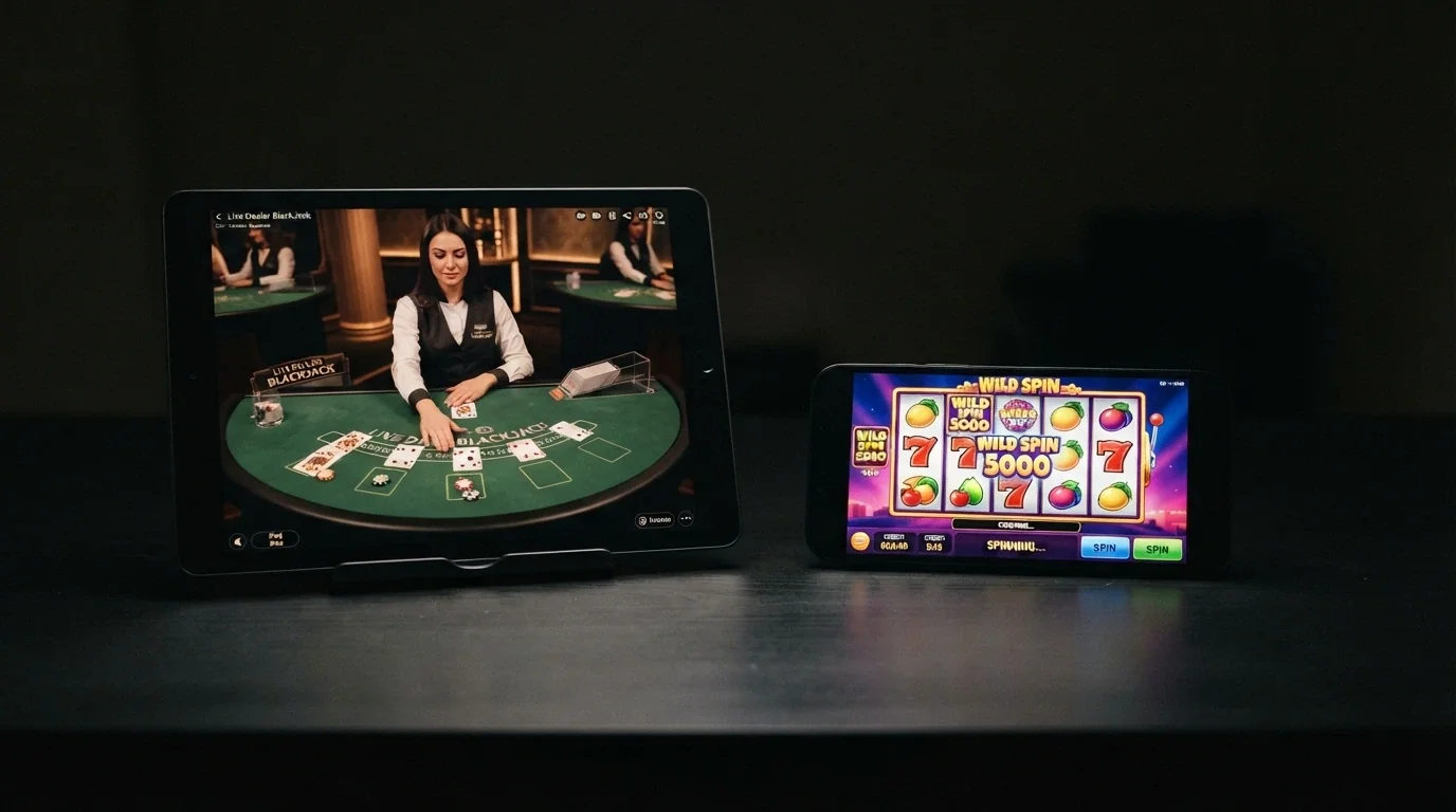 A split screen showing a live blackjack dealer dealing cards on a tablet and a pokies game spinning on a mobile phone