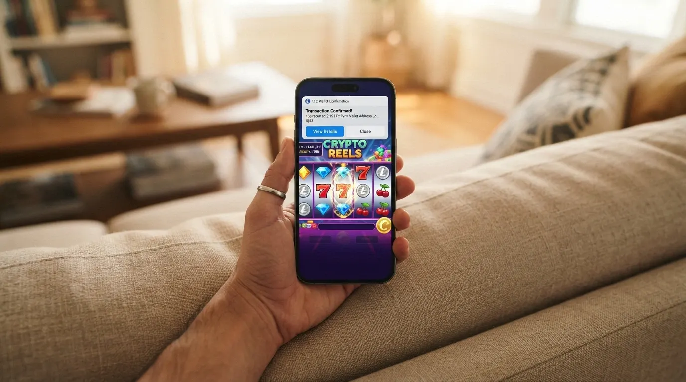 A first-person view of hands holding a smartphone with a casino game visible on screen, a Litecoin wallet app notification popping up in the foreground