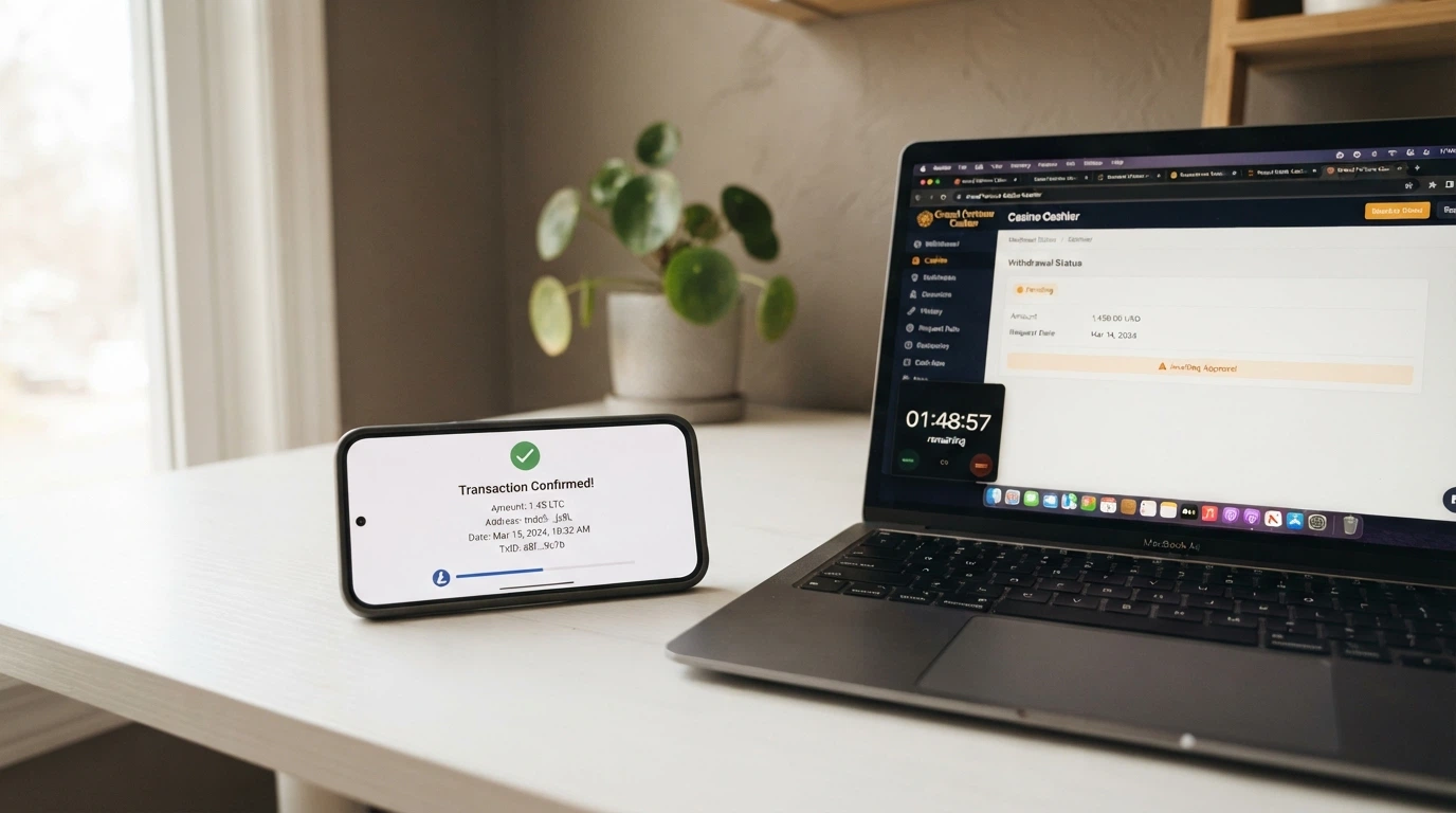 A Litecoin blockchain transaction confirmation on a phone screen next to a casino cashier interface showing a pending withdrawal, with a stopwatch overlay