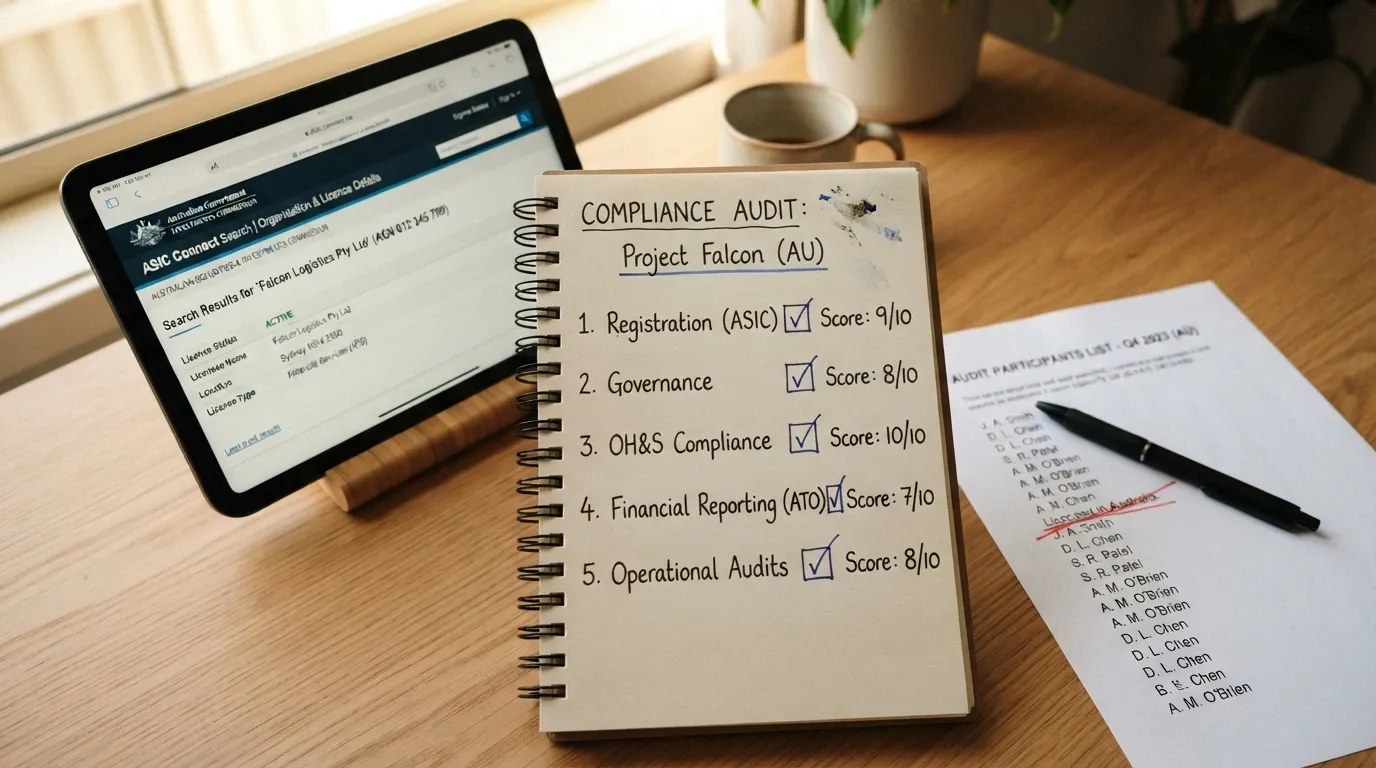 A desk with a notepad showing a scored checklist, a tablet open to the ACMA website, and a pen crossing out “Licensed in Australia” beside a list of casino names