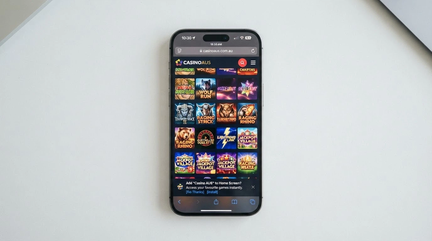 A smartphone screen showing a casino site open in a mobile browser with a PWA install prompt visible, next to the same phone showing the installed shortcut on the home screen