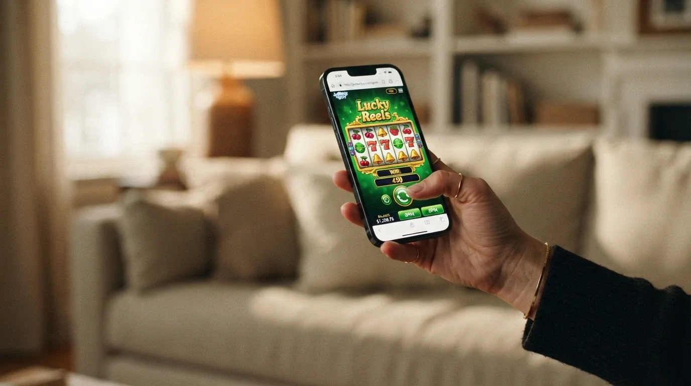 A hand holding a smartphone in landscape orientation displaying a pokies game, with the browser address bar faintly visible at the top