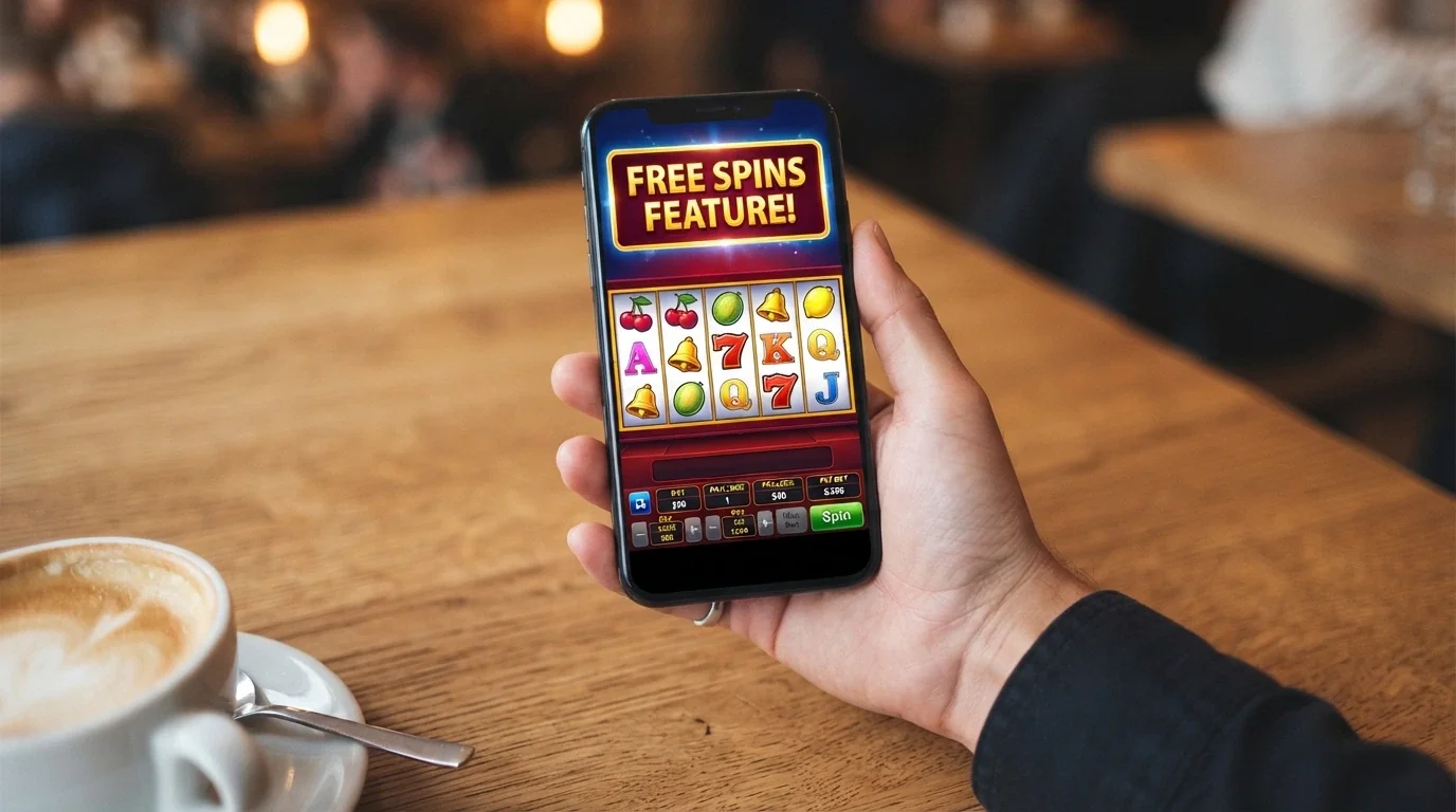 A hand holding a smartphone with a casino free spins offer on screen, set against a casual café background suggesting on-the-go play.
