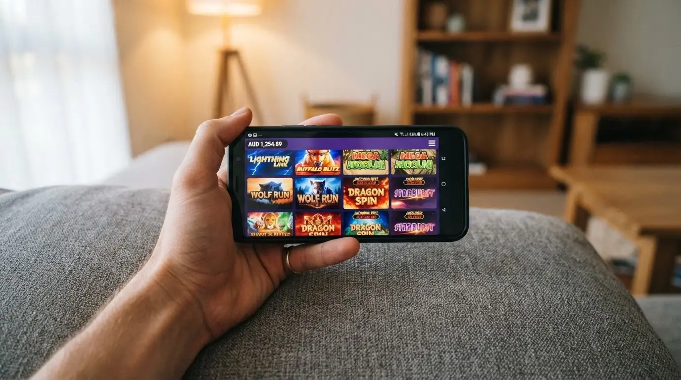 A person's hands holding a smartphone in landscape orientation with a casino game lobby visible on screen and an AUD account balance in the corner