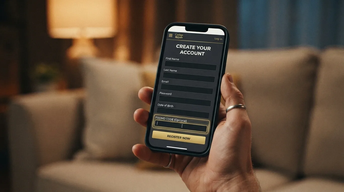 A smartphone held in one hand displaying a casino promo-code entry screen in a mobile browser