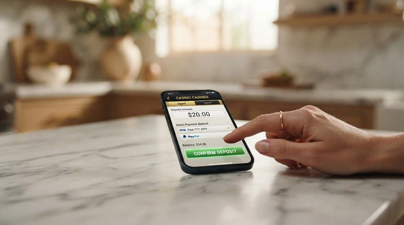 A mobile phone displaying a casino deposit screen with a low minimum deposit amount