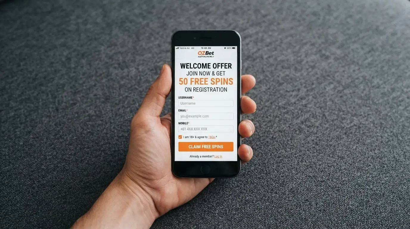 A hand holding a smartphone in portrait orientation showing a casino sign-up form with a free-spins promo field pre-filled