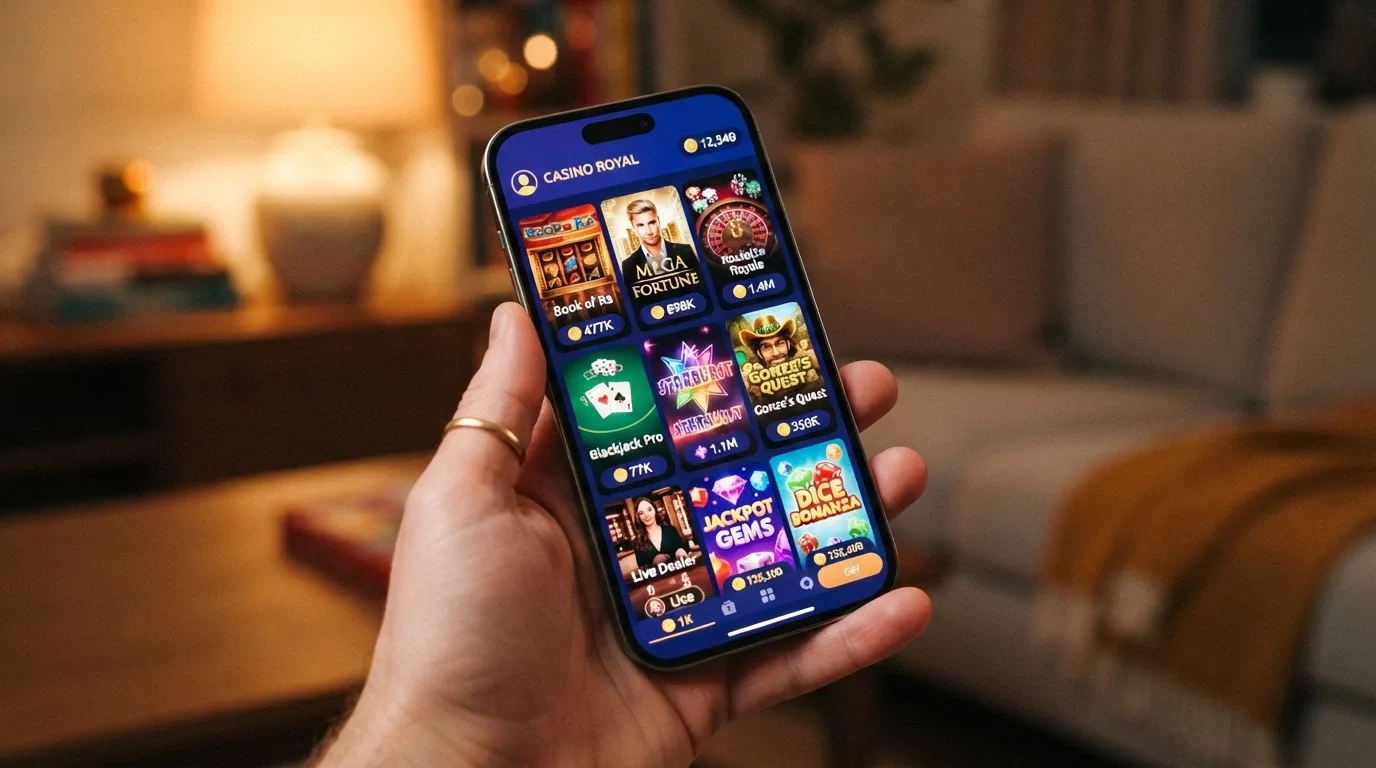 A smartphone held in one hand displaying a casino lobby with pokies thumbnails, against a darkened background