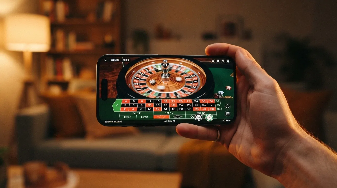 A smartphone held in landscape orientation displaying a live roulette wheel mid-spin, with the betting grid visible on the lower half of the screen